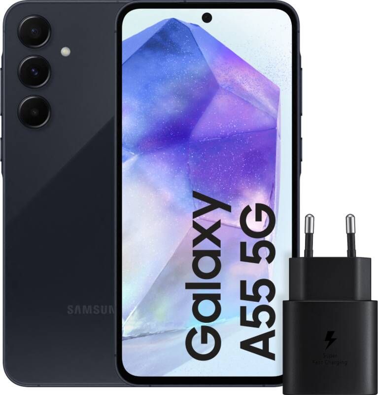 Samsung Galaxy A55 128GB Donkerblauw 5G + 25 Watt Snellader Zwart