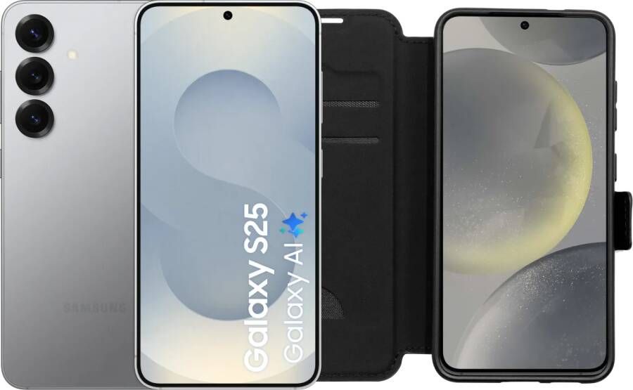 Samsung Galaxy S25 128GB Zilver 5G + BlueBuilt Book Case Zwart