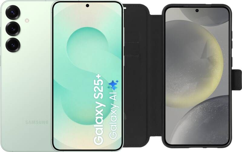 Samsung Galaxy S25 Plus 512GB Mint 5G + BlueBuilt Book Case Zwart