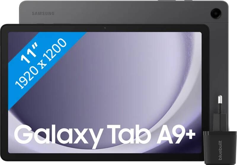 Samsung Galaxy Tab A9 Plus 11 inch 128GB Wifi en 5G Grijs + BlueBuilt Book Case Zwart
