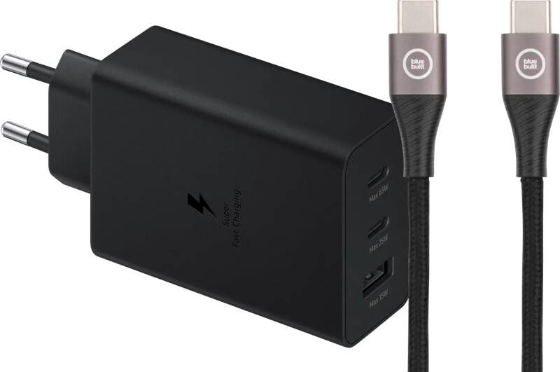 Samsung Oplader met 3 Usb Poorten 65W Zwart + Usb C Kabel Nylon Zwart 1 5m