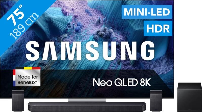 Samsung 75" Neo QLED QN990F 8K (2025) + HW-Q930F Zwart