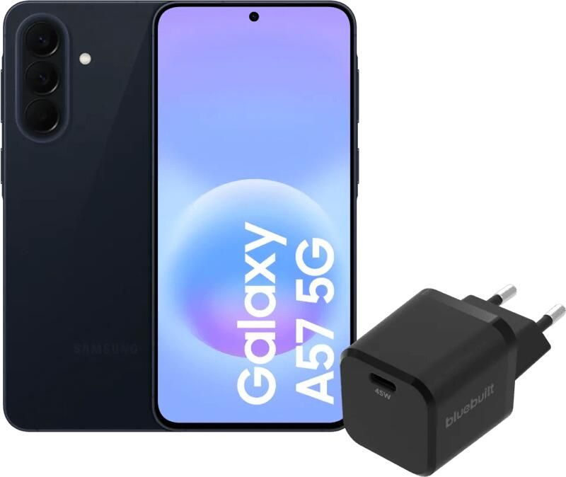 Samsung Galaxy A57 128GB Donkerblauw 5G + BlueBuilt Oplader met Usb C Poort 45W Zwart