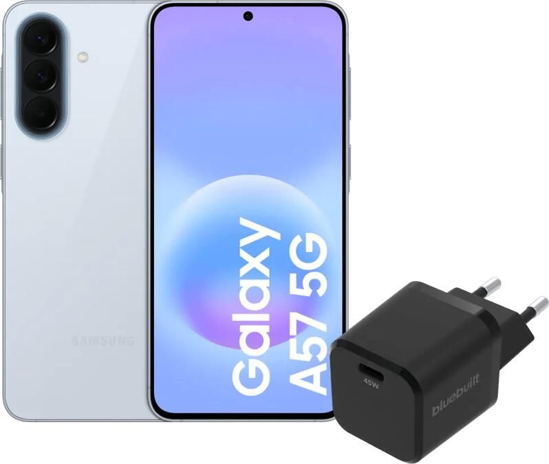 Samsung Galaxy A57 256GB Lichtblauw 5G + BlueBuilt Oplader met Usb C Poort 45W Zwart