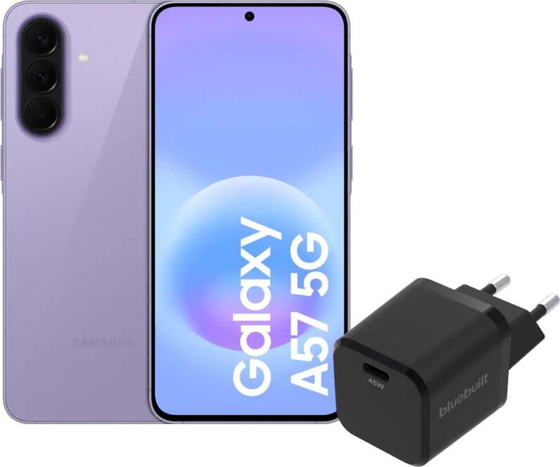 Samsung Galaxy A57 256GB Paars 5G + BlueBuilt Oplader met Usb C Poort 45W Zwart