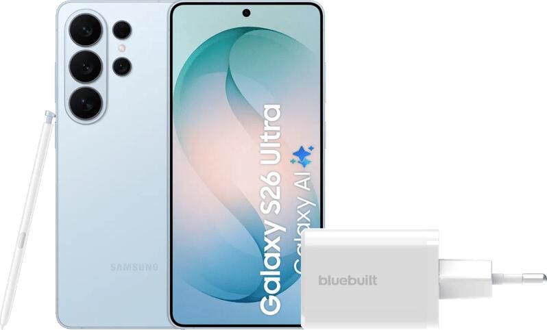 Samsung Galaxy S26 Ultra 256GB Lichtblauw 5G + BlueBuilt Oplader 65 Watt Wit