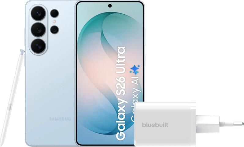 Samsung Galaxy S26 Ultra 256GB Lichtblauw 5G + BlueBuilt Oplader 65 Watt Wit