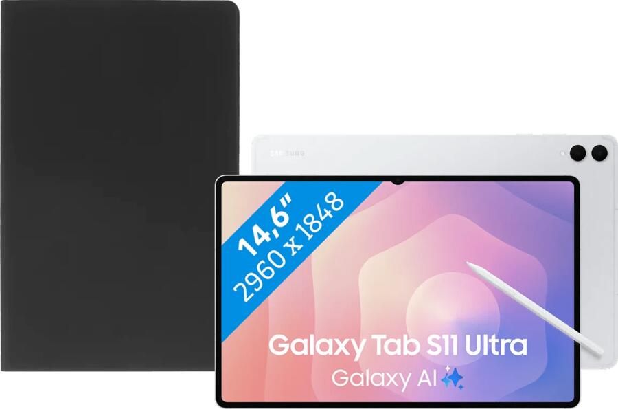 Samsung Galaxy Tab S11 Ultra 14 6 inch 512GB Wifi Zilver + BlueBuilt Book Case Zwart