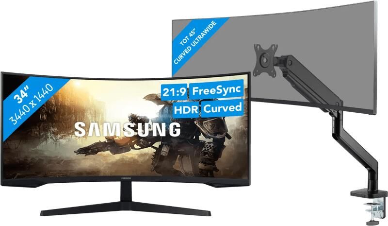 Samsung Odyssey G5 LC34G55TWWPXEN Curved + BlueBuilt Monitorarm voor 1 Ultrawide Monitor
