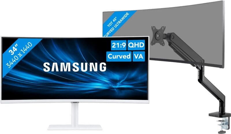 Samsung ViewFinity S6 LS34C650TAUXEN + BlueBuilt Monitorarm voor 1 Ultrawide Monitor