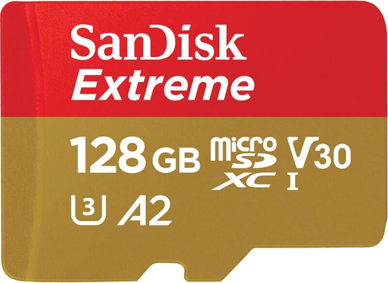 SanDisk MicroSDXC Extreme 128GB 190 90 mb s A2 V30 SDA Rescue Pro DL 1Y Micro SD-kaart Goud