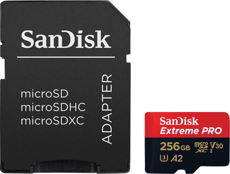 SanDisk MicroSDXC Extreme PRO 256GB 200 140 mb s A2 V30 SDA Rescue Pro DL 2 Micro SD-kaart Zwart