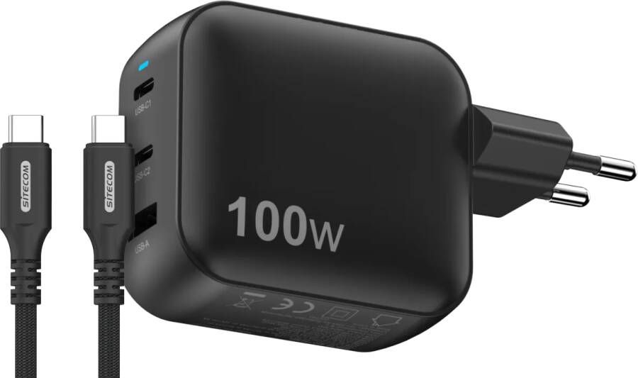 Sitecom 100W GaN Power Delivery Wandoplader + USB-C naar USB-C Kabel 2m
