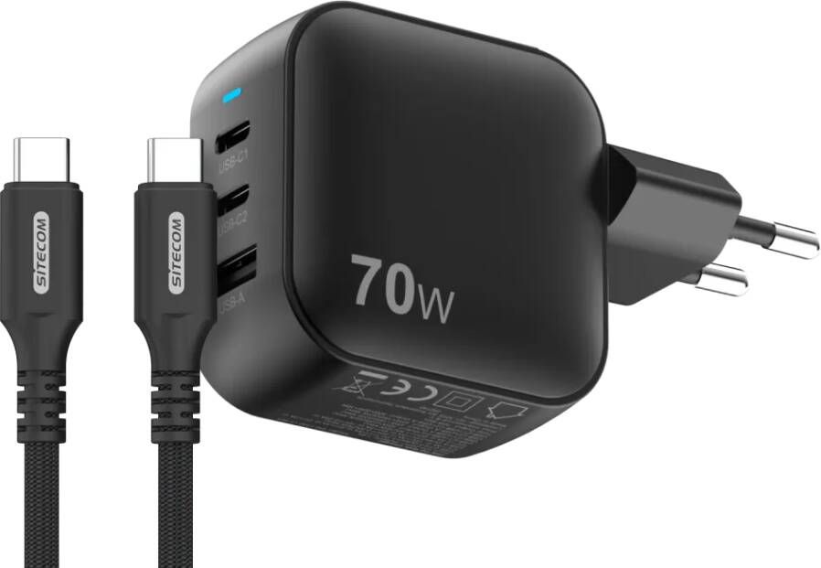 Sitecom 70W GaN Power Delivery Wandoplader + USB-C naar USB-C Kabel 2m