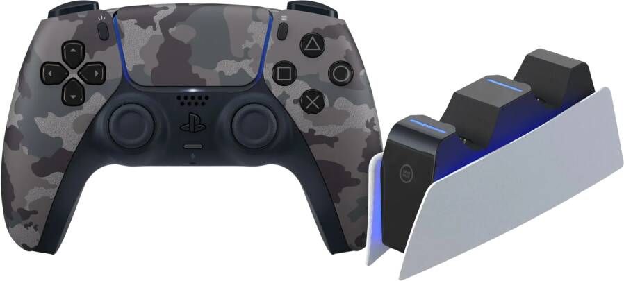Sony PlayStation 5 DualSense Draadloze Controller Grey Camo + BlueBuilt Oplaadstation