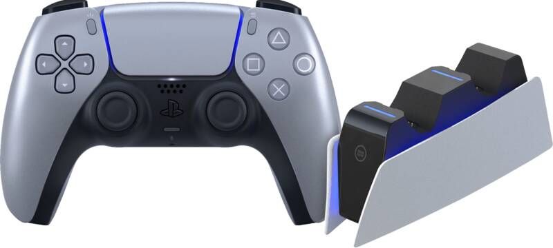 Sony Playstation 5 DualSense Draadloze Controller SterlingSilver + BlueBuilt oplaadstation