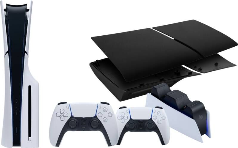 Sony PlayStation 5 Slim Disc Edition + Covers Zwart + Extra Controller Wit + Oplaadstation