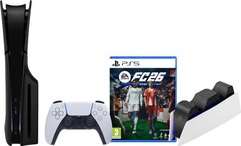 Sony PlayStation 5 Slim Disc Edition + FC 26 + Covers Zwart + Oplaadstation