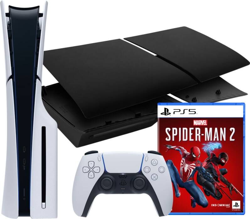 Sony PlayStation 5 Slim Disc Edition + Spider-Man 2 + Covers Zwart