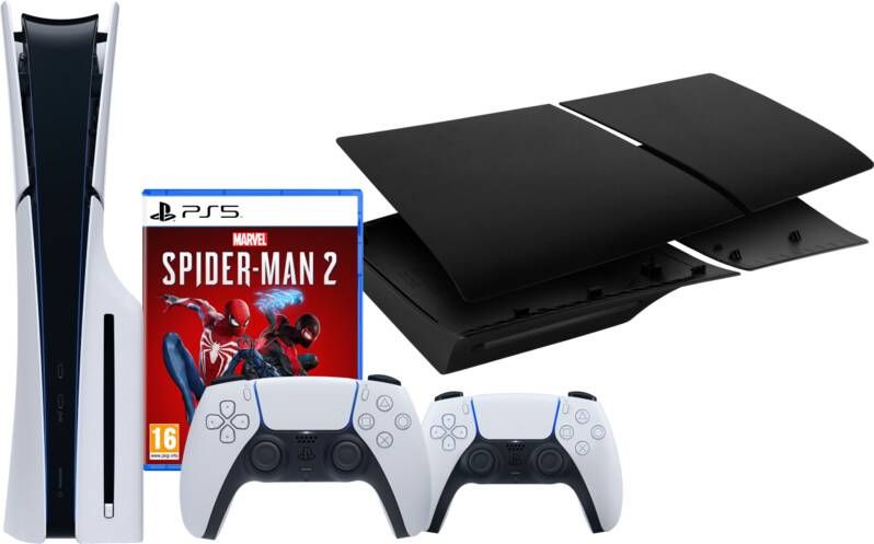 Sony PlayStation 5 Slim Disc Edition + Spider-Man 2 + Covers Zwart + Extra Controller Wit