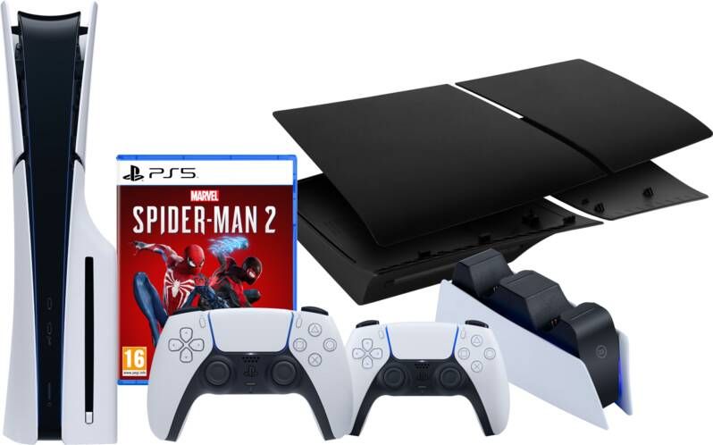 Sony PS5 Slim Disc Edition + Spider-Man 2 + Covers Zwart + Extra Controller + Oplaadstation