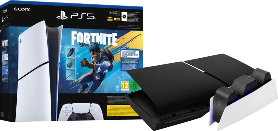 Sony PlayStation 5 Slim Digital Edition Fortnite bundel + Covers Zwart + Oplaadstation
