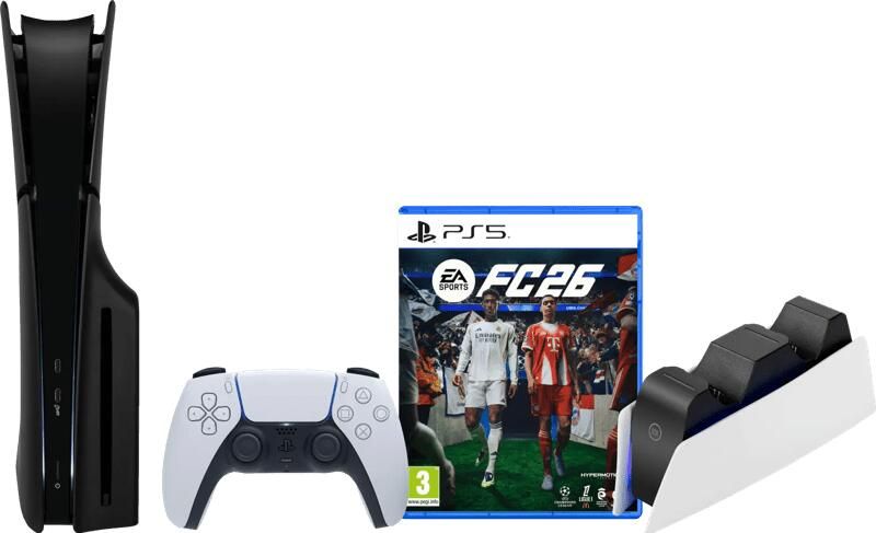 Sony PlayStation 5 Slim Disc Edition + FC 26 + Covers Zwart + Oplaadstation
