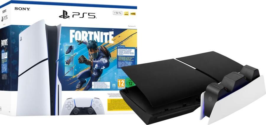 Sony PlayStation 5 Slim Disc Edition Fortnite bundel + Covers Zwart + Oplaadstation