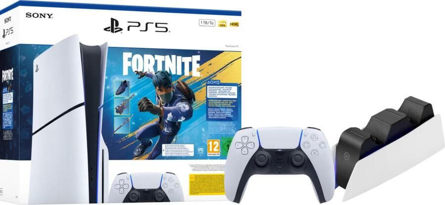 Sony PlayStation 5 Slim Disc Edition Fortnite bundel + Extra Controller Wit + Oplaadstation