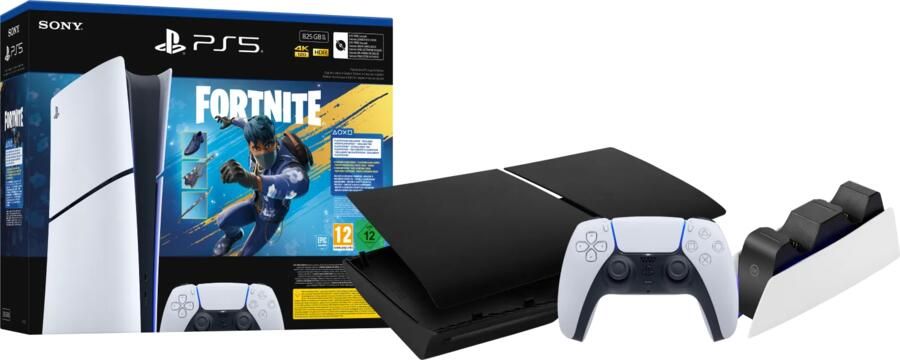 Sony PS5 Slim Digital Edition Fortnite bundel + Covers Zwart + Extra Controller Wit + Oplaadstation