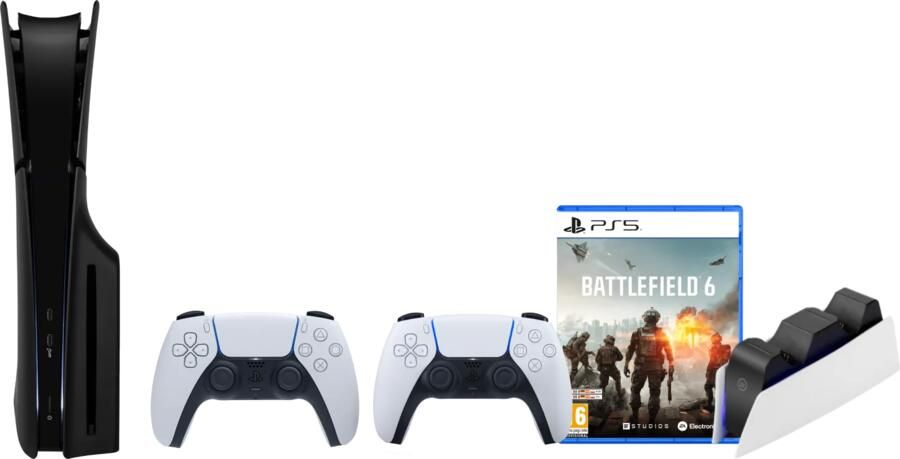 Sony PS5 Slim Disc Edition + Battlefield 6 + Covers Zwart + Extra Controller Wit + Oplaadstation