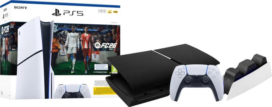 Sony PS5 Slim Disc Edition + FC 26 + Covers Zwart + Extra Controller Wit + Oplaadstation