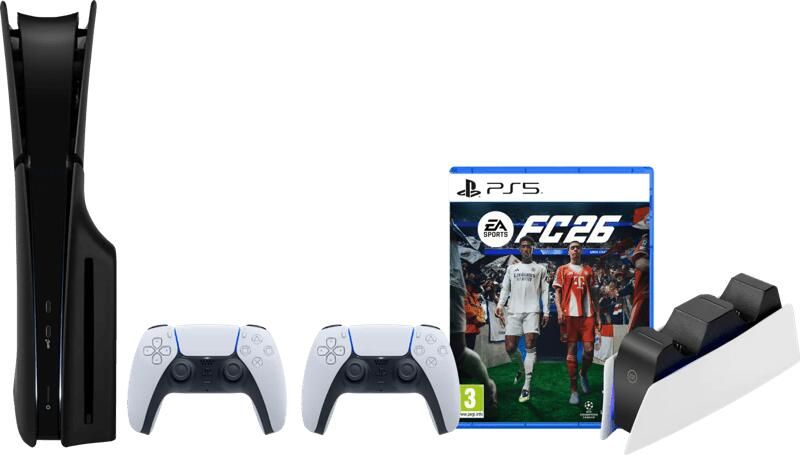 Sony PS5 Slim Disc Edition + FC 26 + Covers Zwart + Extra Controller Wit + Oplaadstation