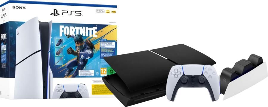 Sony PS5 Slim Disc Edition Fortnite bundel +Covers Zwart + Extra Controller Wit + Oplaadstation