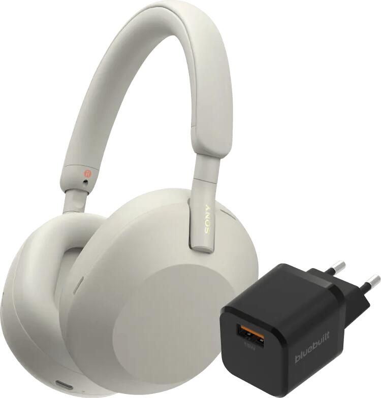 Sony WH-1000XM5 Zilver + BlueBuilt Quick Charge Oplader met Usb A Poort 18W Zwart