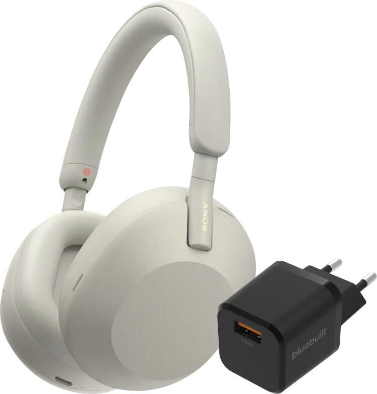 Sony WH-1000XM5 Zilver + BlueBuilt Quick Charge Oplader met Usb A Poort 18W Zwart