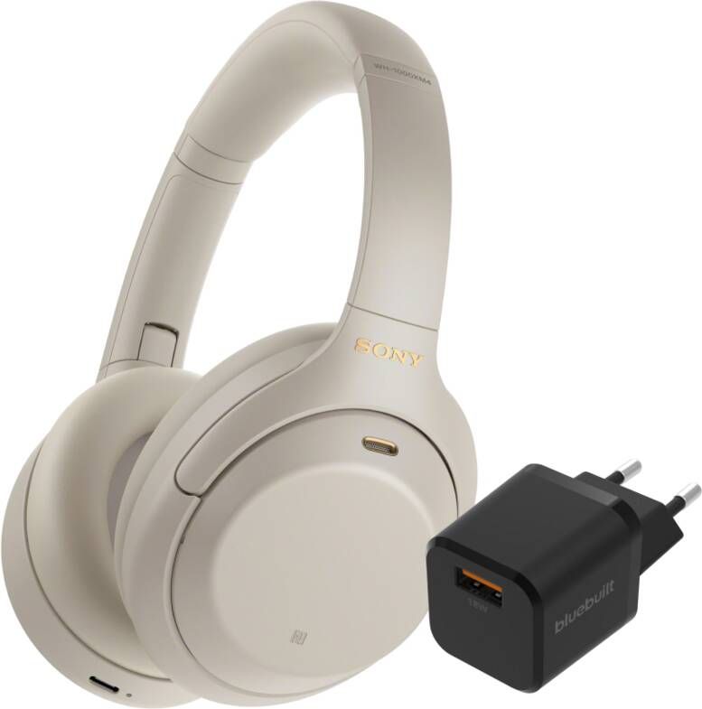 Sony WH-1000XM4 Zilver + BlueBuilt Quick Charge Oplader met Usb A Poort 18W Zwart