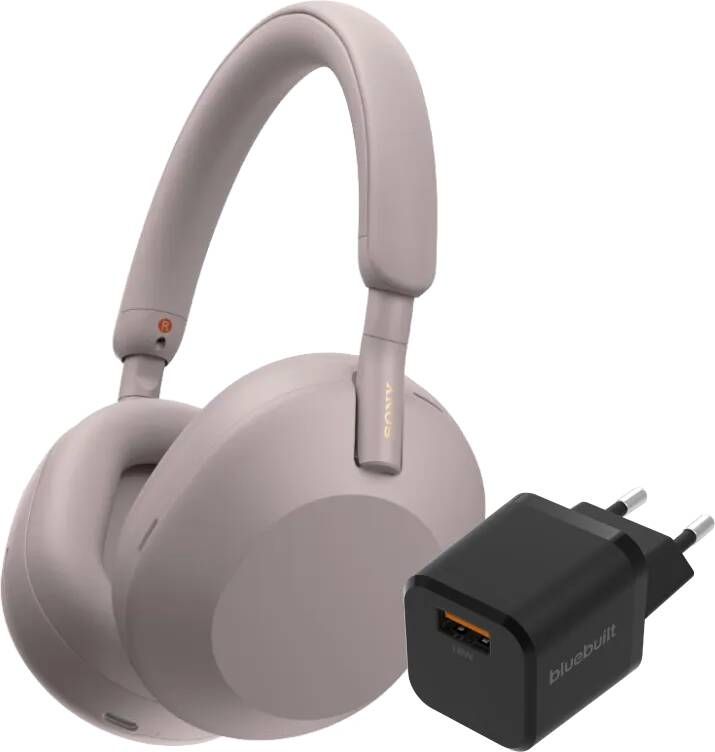 Sony WH-1000XM5 Roze + BlueBuilt Quick Charge Oplader met Usb A Poort 18W Zwart