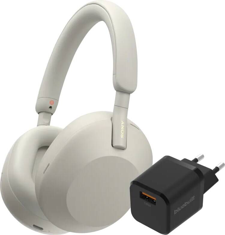 Sony WH-1000XM5 Zilver + BlueBuilt Quick Charge Oplader met Usb A Poort 18W Zwart