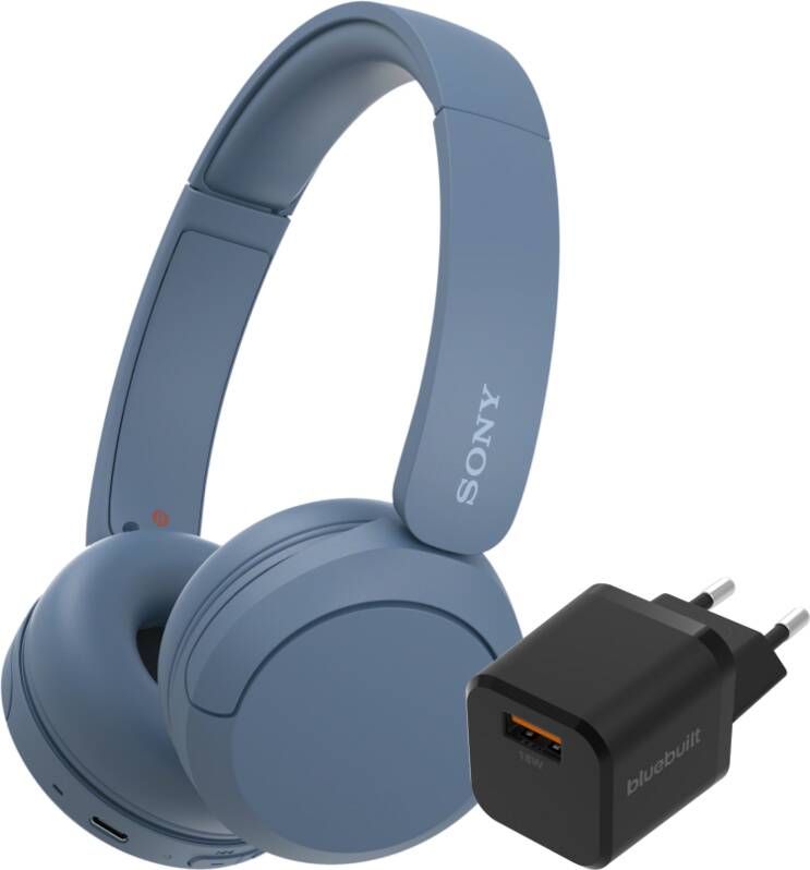 Sony WH-CH520 Blauw + BlueBuilt Quick Charge Oplader met Usb A Poort 18W Zwart