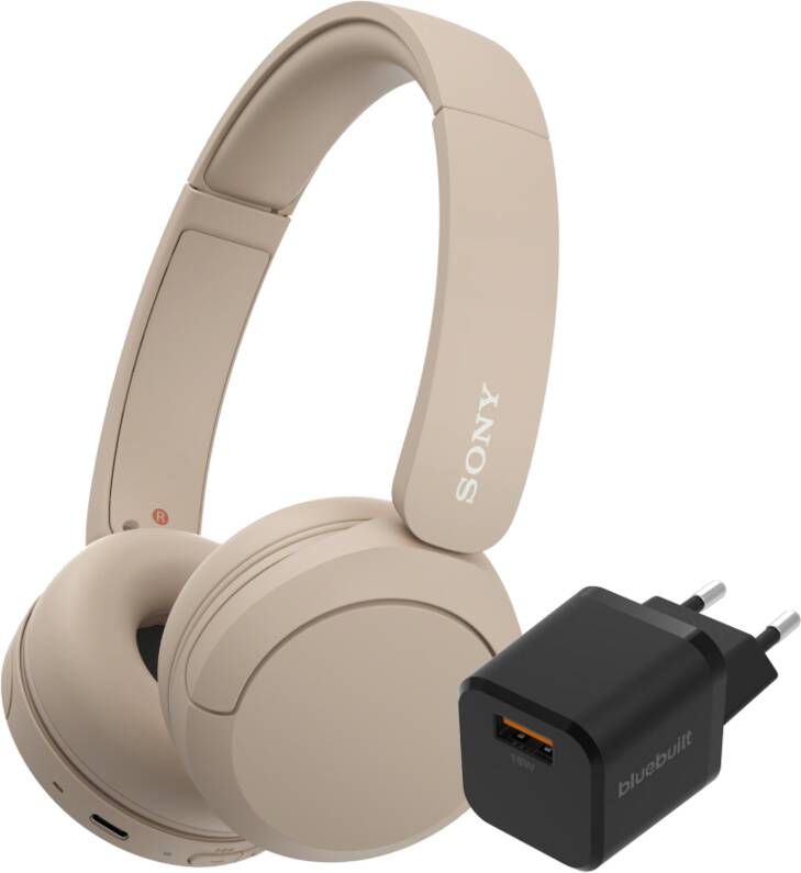 Sony WH-CH520 Crème + BlueBuilt Quick Charge Oplader met Usb A Poort 18W Zwart