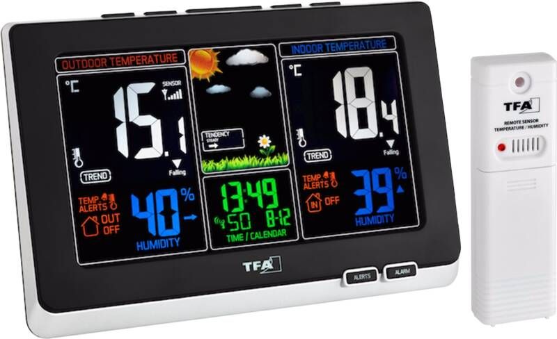 TFA Dostmann 35.1129.01 Weerstation Digitaal Binnen- en buitentemperatuur Binnen- en buitenvochtigheid Radiogestuurde tijdsaanduiding Temperatuuralarm Weersverwachting Datumaanduiding Kleurendisplay 7 talen Zwart Wit