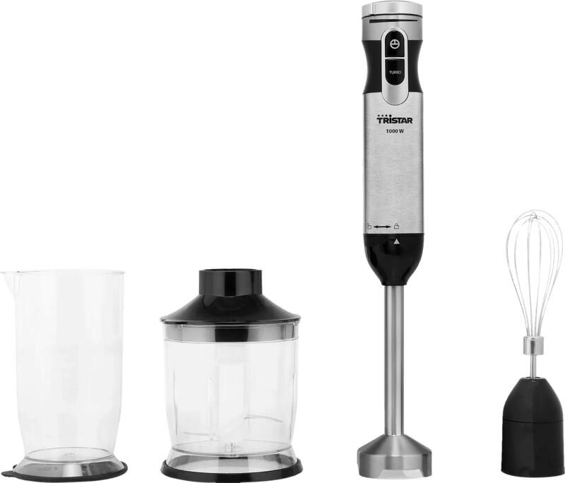 Tristar Staafmixer Set MX-4829 4-in-1 Staafmixer Inclusief Garde Hakmolen en Maatbeker 700ml Turbofunctie Met afneembare roestvrijstalen staaf 1000 watt RVS