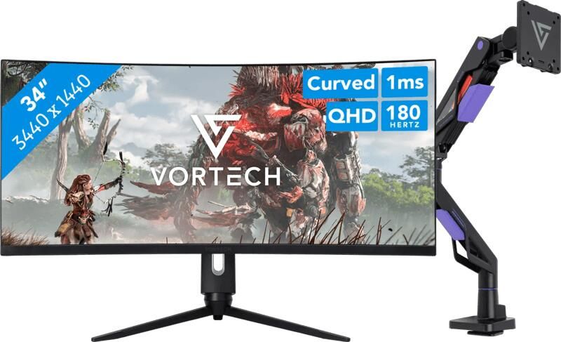 Vortech Pro 34 inch Quad HD Curved + Monitorarm met Gasveer