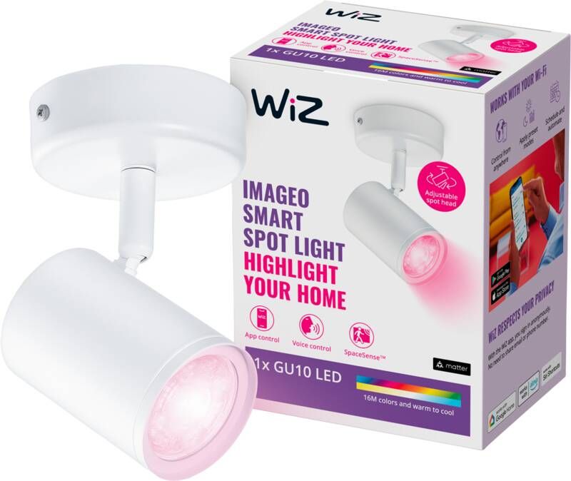 WiZ Opbouwspot Imageo Wit 1 spot Slimme LED-Verlichting Gekleurd en Wit Licht GU10 1x 5W Wi-Fi