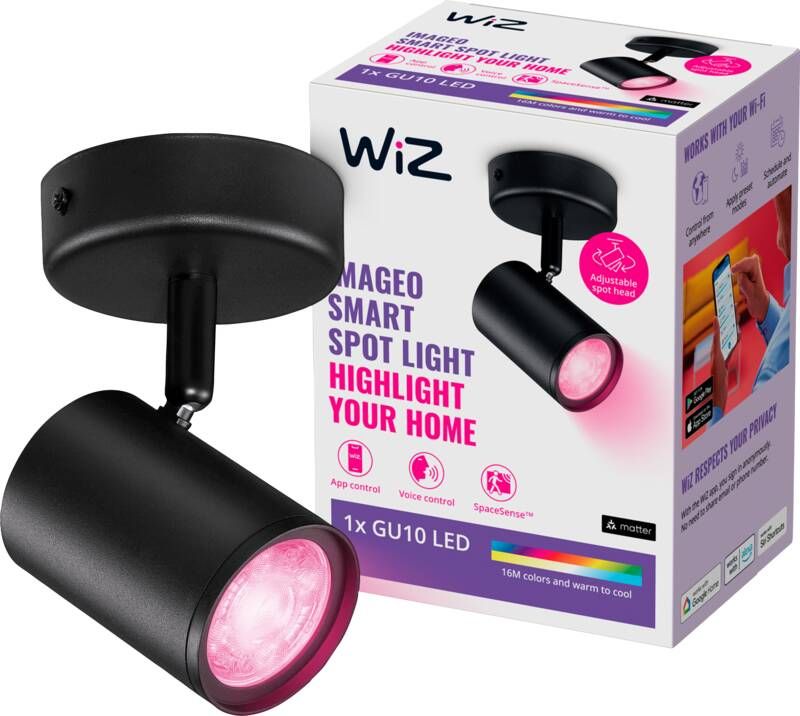 WiZ Opbouwspot Imageo Zwart 1 spot Slimme LED-Verlichting Gekleurd en Wit Licht GU10 1x 5W Wi-Fi