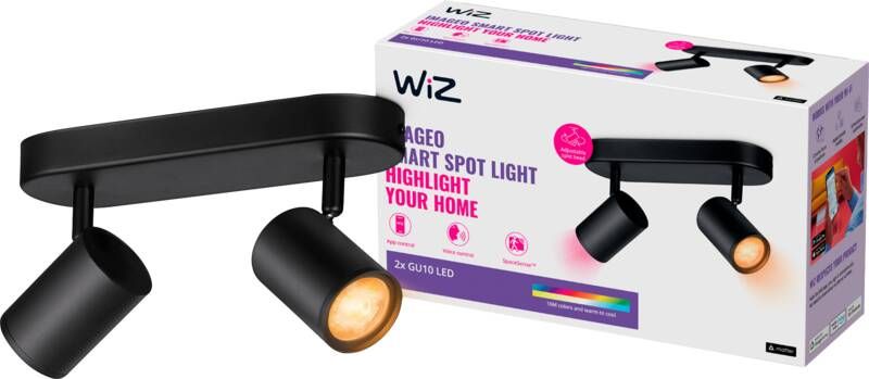 WiZ Opbouwspot Imageo Zwart 2 spots Slimme LED-Verlichting Gekleurd en Wit Licht GU10 2x 5W Wi-Fi