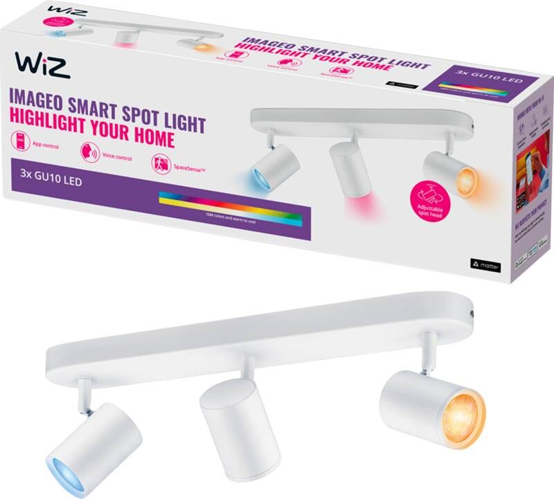 WiZ Opbouwspot Imageo Wit 3 spots Slimme LED-Verlichting Gekleurd en Wit Licht GU10 3x 5W Wi-Fi