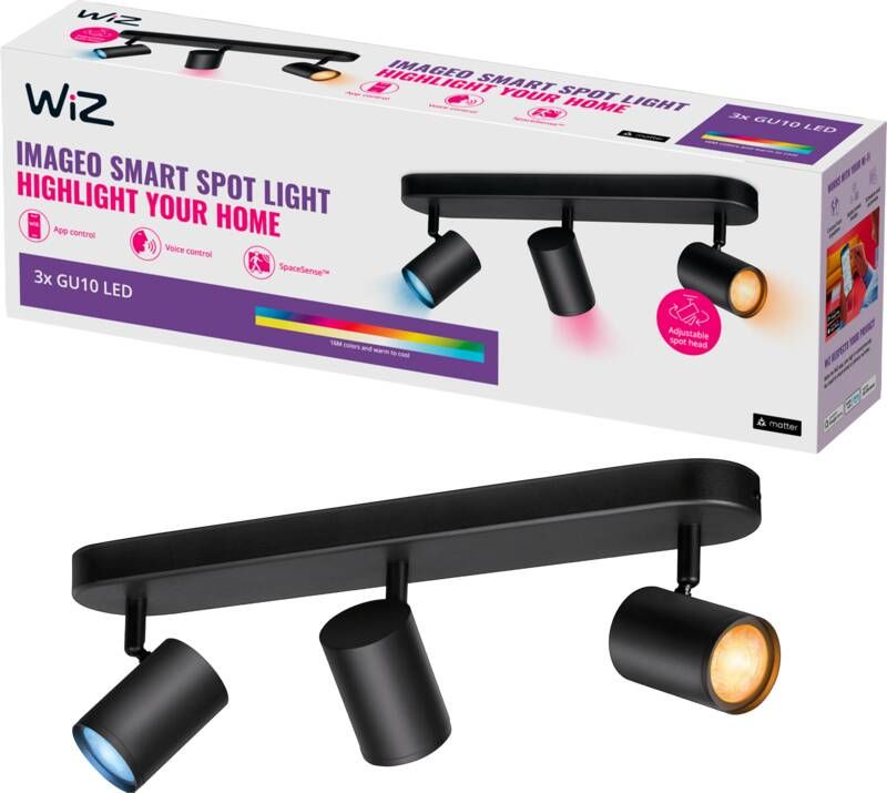 WiZ Opbouwspot Imageo Zwart 3 spots Slimme LED-Verlichting Gekleurd en Wit Licht GU10 3x 5W Wi-Fi