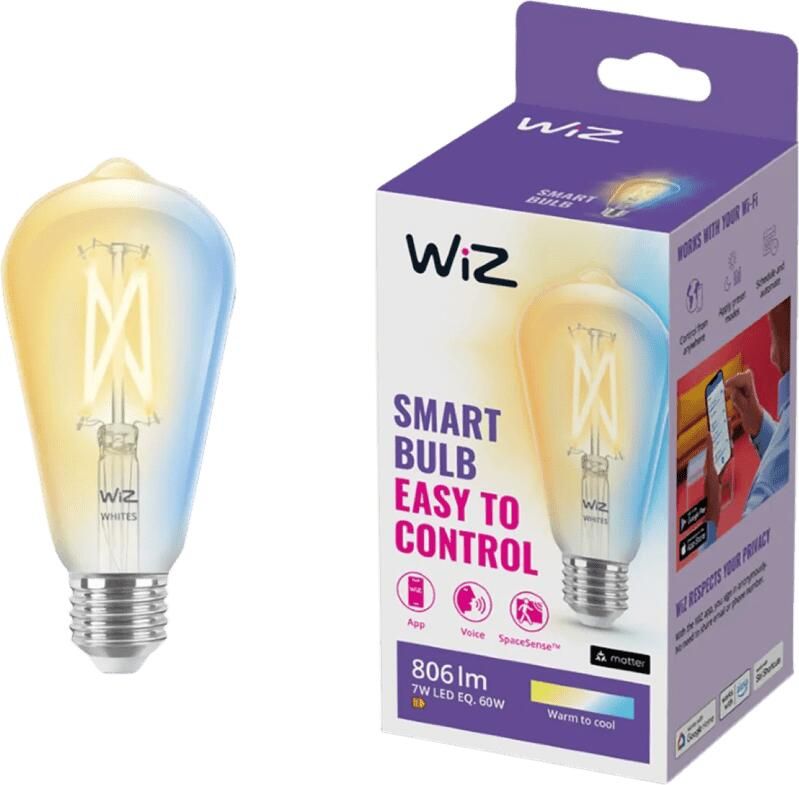 WiZ Edison Filament Slimme LED Verlichting Warm- tot Koelwit Licht E27 60W Transparant Wi-Fi